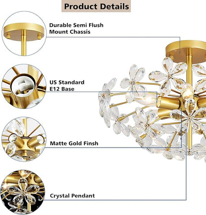 Gold Flower Crystal Ceiling Light 18'' Vintage Semi Flush Mount Light Fixture 6-Light Farmhouse Chandelier for Dining Room, Living Room, Kitchen, Bedroom, Entryway, E12 Base (AJ9010)