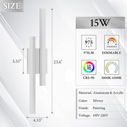 LED Wall Sconce Silver Modern Remote Wall Light Fixtures for Living Room, Dimmable LED Vanity Light Indoor Remote Wall Sconce for Bedside Bedroom Bathroom Dining Room, 23.6inch 1 Pack