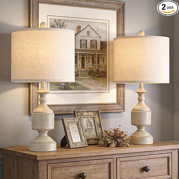 BOBOMOMO White Lamps Set of 2-20.5" Antique White Bedside Lamps for Nightstand, Vintage Farmhouse Lamps for Entryway & Guest Room, Ideal for Small Spaces, Room Lamps for Bedroom