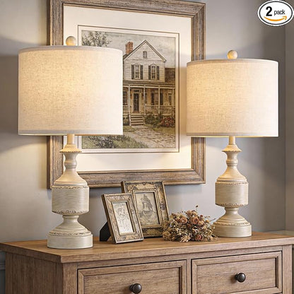 BOBOMOMO White Lamps Set of 2-20.5" Antique White Bedside Lamps for Nightstand, Vintage Farmhouse Lamps for Entryway & Guest Room, Ideal for Small Spaces, Room Lamps for Bedroom