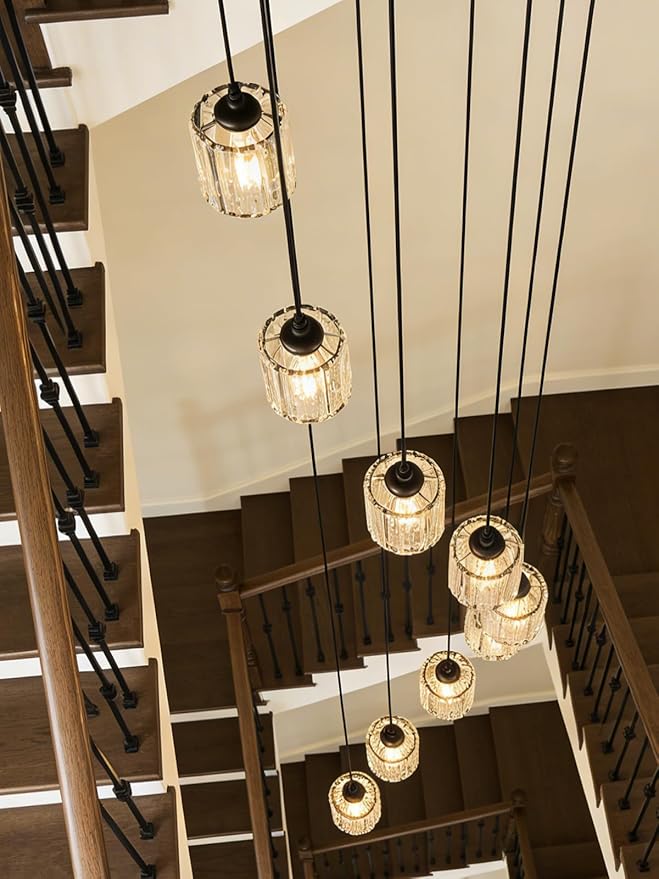 Long Chandeliers for High Ceilings,Modern Crystal Pendant Light,Raindrop Drop Lamp,Hanging Flush Mount Lighting Fixtures for Spiral Staircase,Foyer,Entryway,Living Room,Black (8 Lights)