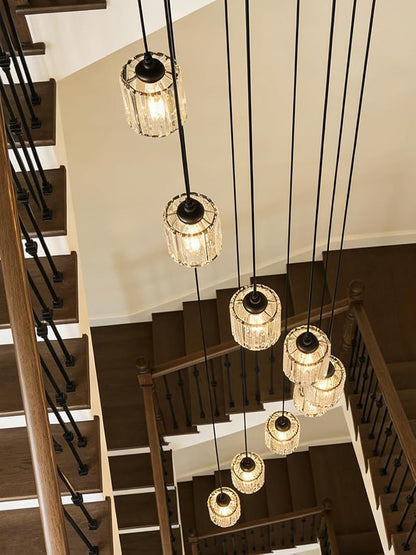 Long Chandeliers for High Ceilings,Modern Crystal Pendant Light,Raindrop Drop Lamp,Hanging Flush Mount Lighting Fixtures for Spiral Staircase,Foyer,Entryway,Living Room,Black (8 Lights)