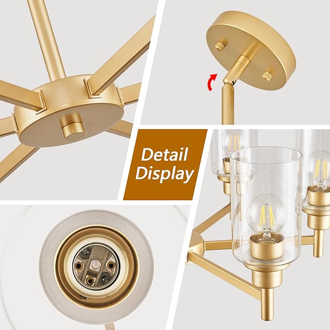 Modern Gold Chandeliers for Dining Room, 6-Light Chandelier Light Fixture with Clear Glass Shades, Metal Hanging Pendant Lighting for Living Room, Kitchen, Staircase, Entryway