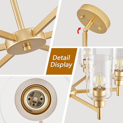 Modern Gold Chandeliers for Dining Room, 6-Light Chandelier Light Fixture with Clear Glass Shades, Metal Hanging Pendant Lighting for Living Room, Kitchen, Staircase, Entryway