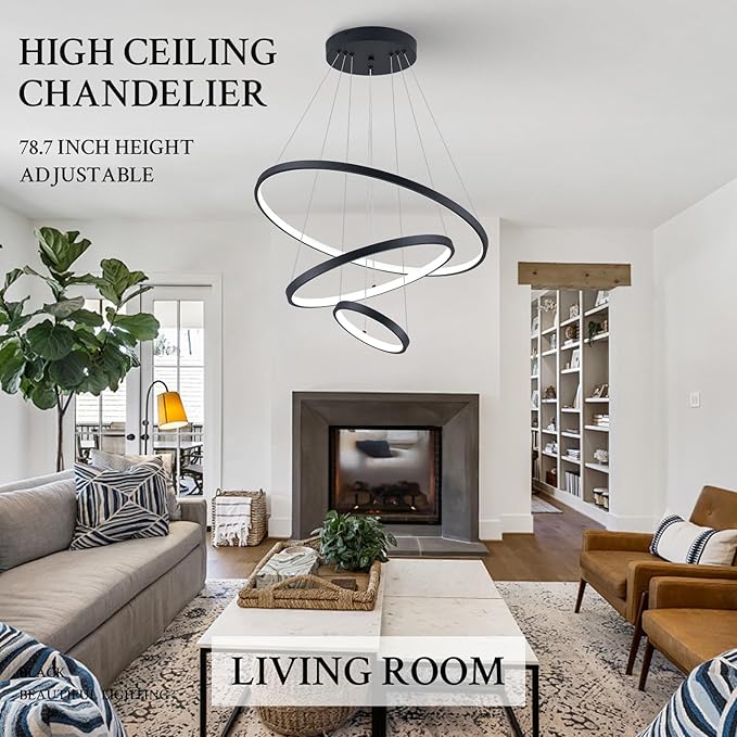 3 Ring Modern LED Chandelier Black Dimmable Round Chandeliers, LED Circular Pendant Light Fixture with Remote Control for Living Room, Dining Room, Office, Entry, Bedroom