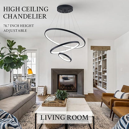 3 Ring Modern LED Chandelier Black Dimmable Round Chandeliers, LED Circular Pendant Light Fixture with Remote Control for Living Room, Dining Room, Office, Entry, Bedroom