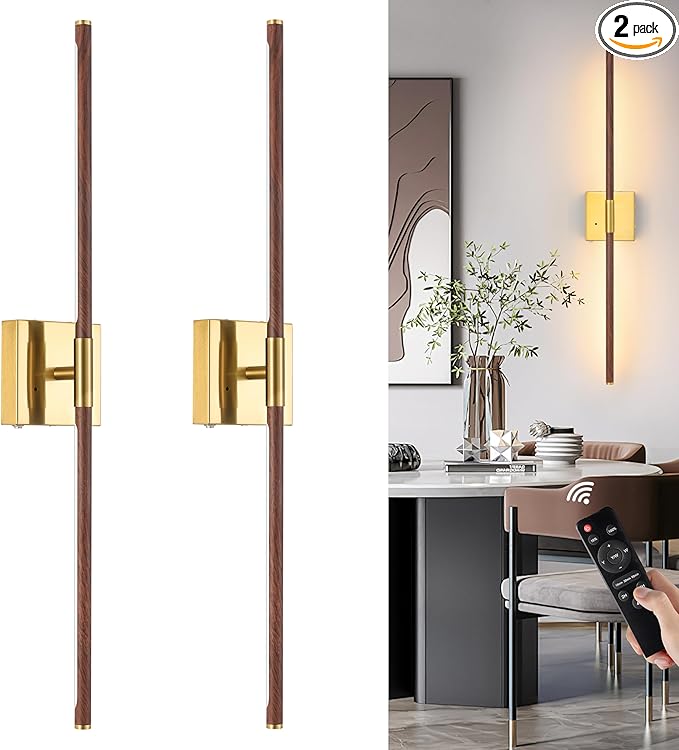 Morauroral 40″ Walnut Battery Operated Wall Sconces Set of Two, Dimmable Wall Sconce with Remote Control, Rechargeable Sconces Wall Lighting, LED Wireless Wall Lights for Bedroom, Living Room