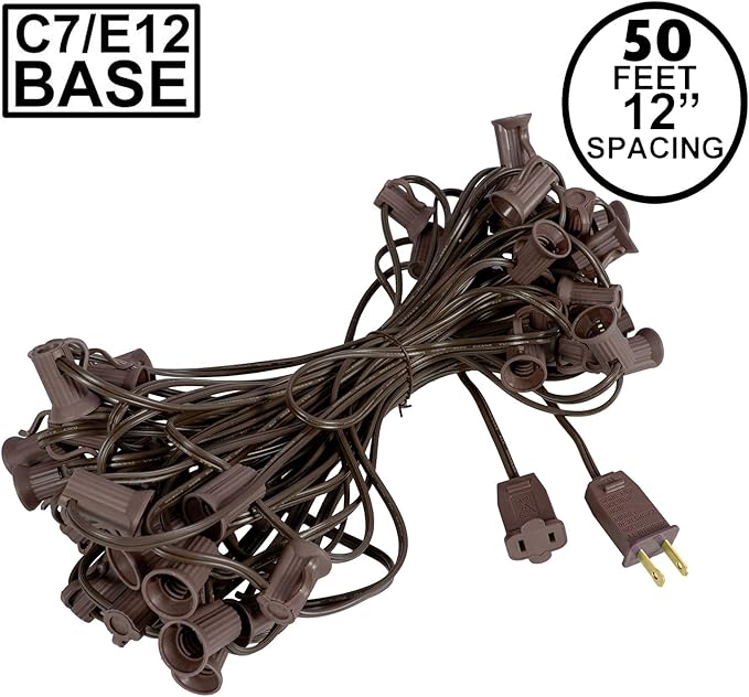Novelty Lights 50 Foot String Light Set - Indoor/Outdoor Stringer Set for Christmas, Wedding Decor, Patios, & More - C7/E12 Intermediate Base (Brown Wire, 12" Spacing)