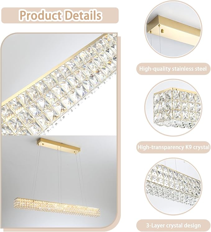 ykolupty W48 Rectangular Gold Crystal Chandelier Modern Rectangle Pendant Ceiling Light Fixture for Living Room Dining Room Kitchen Island Bar