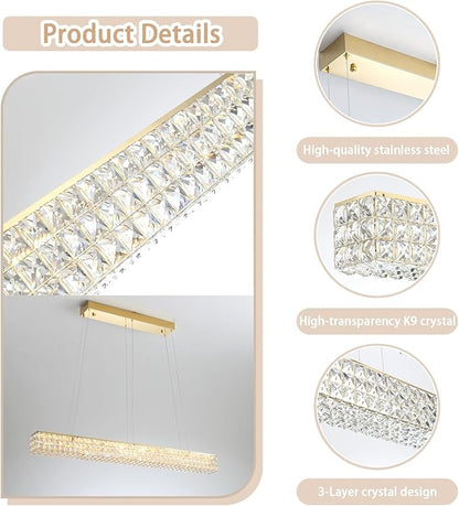 ykolupty W48 Rectangular Gold Crystal Chandelier Modern Rectangle Pendant Ceiling Light Fixture for Living Room Dining Room Kitchen Island Bar