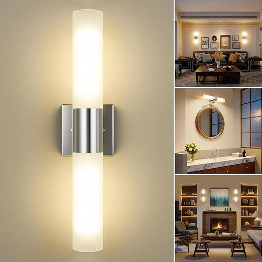 Kalium Bathroom Wall Sconce Fixture, 21 Inch Modern Vanity Lights with Frosted Glass Shade, Indoor Sconces Lighting Wall Decor Lamps for Bathrooms Living Room Stairs Bedroom (Silver)