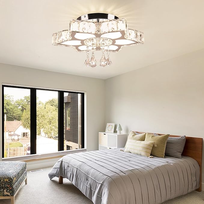 CLAIRDAI 16.1'' Crystal Ceiling Light Fixture, Modern Flower LED Chandelier, Dimmable Flush Mount Ceiling Light with Remote & APP Control for Bedroom Dining Room Living Room