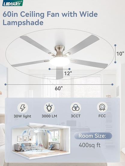 60 Inch Ceiling Fan with Lights and Remote, 30W 12" LED Panel Flush Mount Ceiling Fan, 6-Speed Quiet DC Motor Modern Low Profile Ceiling Fan with Reversible Blades for Bedroom, Living Room, Patio