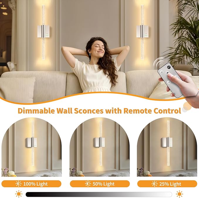 Battery Operated Wireless Wall Sconces Set of Two, Rechargeable Nickel Wall Lighting with No Wiring, Extra Large Dimmable Modern LED Lantern for Indoor Corridor, Entrance Hall (28"-2 Pack)