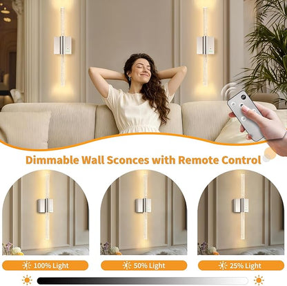 Battery Operated Wireless Wall Sconces Set of Two, Rechargeable Nickel Wall Lighting with No Wiring, Extra Large Dimmable Modern LED Lantern for Indoor Corridor, Entrance Hall (28"-2 Pack)