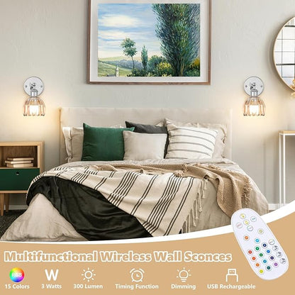 Vintage Battery Operated Wall Sconce, Amber Tulip Glass Lampshade Wireless Rechargeable Battery Powered LED Wall Light with Remote Dimmable for Bedside Bedroom Living Room, Silver, Set of 2