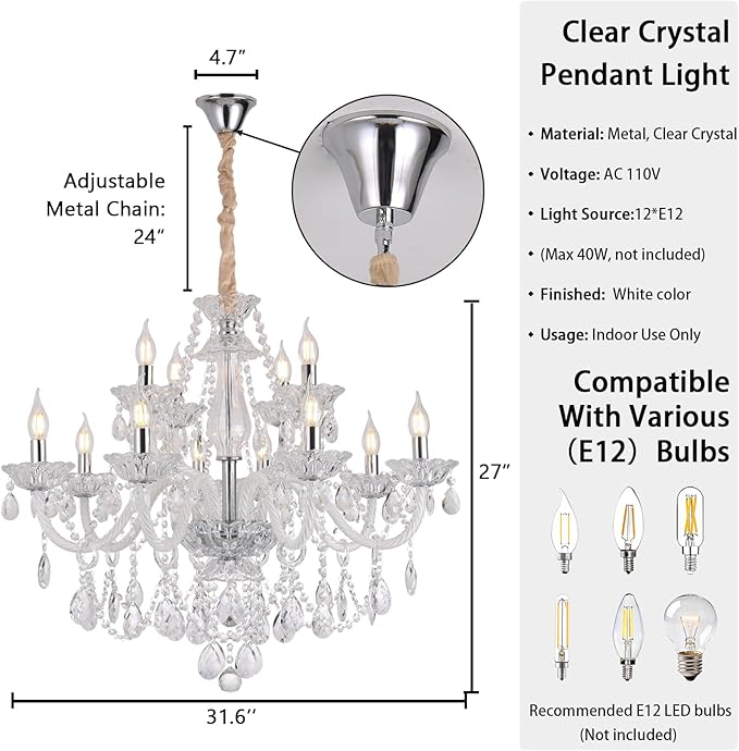 Modern Clear Crystal Chandelier For Dinning Room Light Fixtures K9 Crystal Candle Ceiling Lighting Modern Transparent Crystal Lamp12-light For Living Room Bedroom Lobby Foyer (Clear 12 lights)