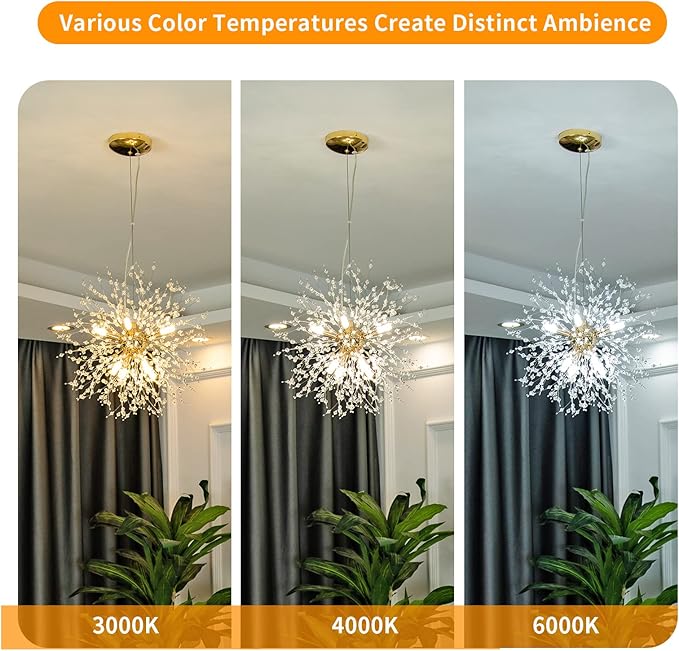 CM MZY Modern Crystal Chandeliers Firework, 8-Light Gold Dandelion Sputnik Ceiling Light Fixtures, Sputnik Chandelier for Bedroom Living Room Dining Room Kitchen Island Hallway