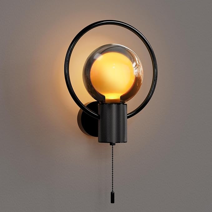 ALAMPEVER Modern Wall Sconce with Pull Chain, Metal Black Wall Lights with G125 Glass Globe Bulb, Wall Mount Light for Enhancing Indoor Ambience in Bedroom, Living Room, and Hallway, 1 Pack