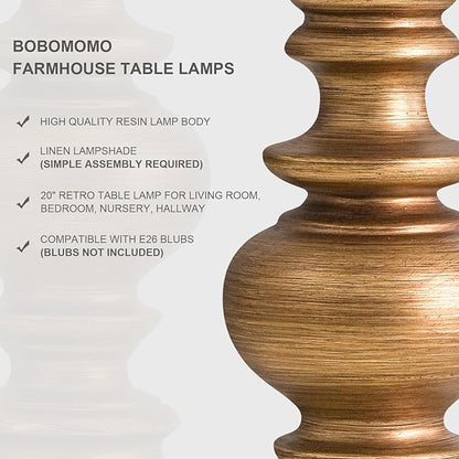 BOBOMOMO 20" Antique Gold Table Lamps Set of 2 – Handcrafted Vintage Bedside Lamps with Linen Shades, Elegant Farmhouse Lamps for Bedroom, Living Room, or Entryway – Perfect for Compact Spaces