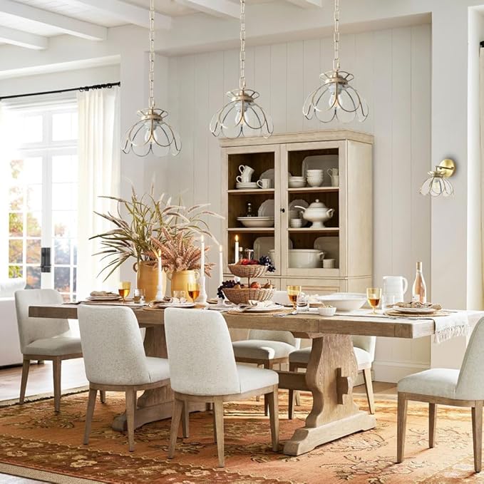Brass Glass Ceiling Pendant Light, Hanging Chain lamp, with Vintage Lotus Flower Clear Glass Shade for Kitchen Island Dining Room Bedroom Living Room-7.9" Shade