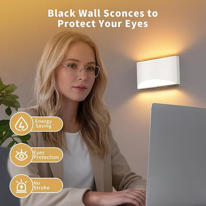 Black Modern LED Wall Sconce, 3 Colors Indoor Wall Lights, 10W Hardwired Up and Down Aluminum Wall Mount Lamp for Bedroom Living Room Hallway Corridor (White, 6 Pack)