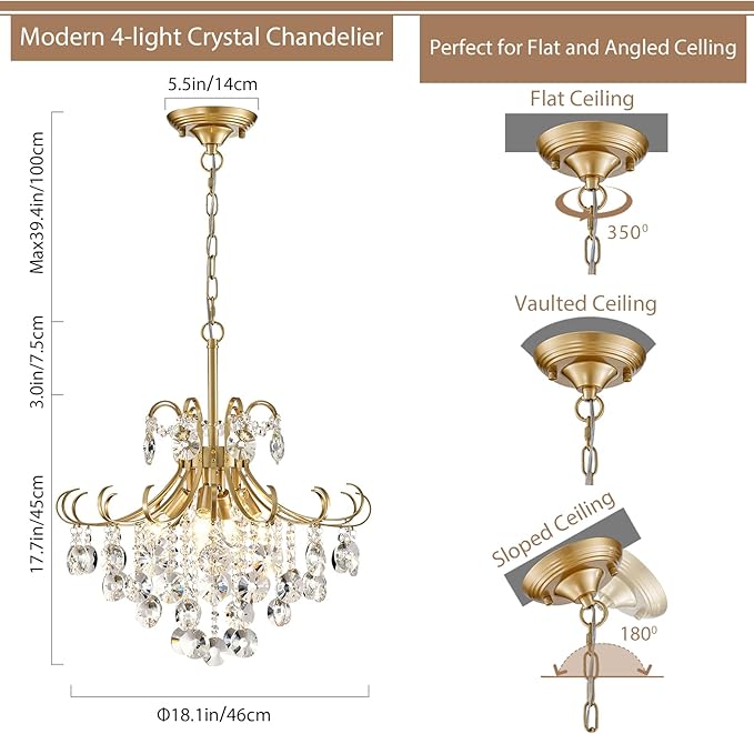 Gold Crystal Chandeliers for Dining Room, 4-Light Modern Crystal Light Fixture, Living Room Bedroom Pendant Ceiling Lamp, Luxury Hanging Light, H 17.7'' x W 18.1''