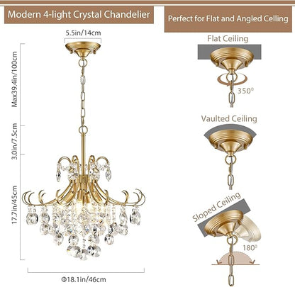 Gold Crystal Chandeliers for Dining Room, 4-Light Modern Crystal Light Fixture, Living Room Bedroom Pendant Ceiling Lamp, Luxury Hanging Light, H 17.7'' x W 18.1''