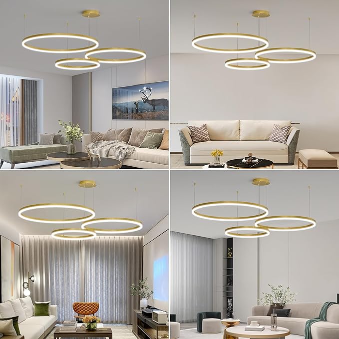 Mikeru Modern 3 Ring Chandelier Light, LED Pendant Light Fixtures with Remote Control 3000k-6500K Adjustable Color Temperature Light for Living Room, Bedroom, Kitchen（15.7+23.6+31.5IN）