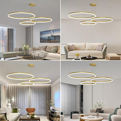 Mikeru Modern 3 Ring Chandelier Light, LED Pendant Light Fixtures with Remote Control 3000k-6500K Adjustable Color Temperature Light for Living Room, Bedroom, Kitchen（15.7+23.6+31.5IN）