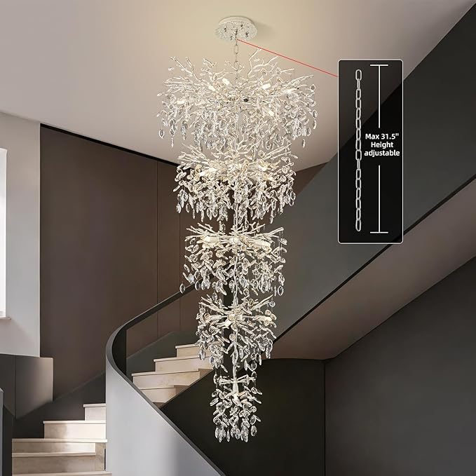 Modern Tree Branch Crystal Chandelier 102" Sliver Luxury Large Pendant Lighting 28-Light Contemporary K9 Crystal Chandeliers for Dining Room Kitchen Living Room Foyer Entryway (Sliver, H102"-Round)