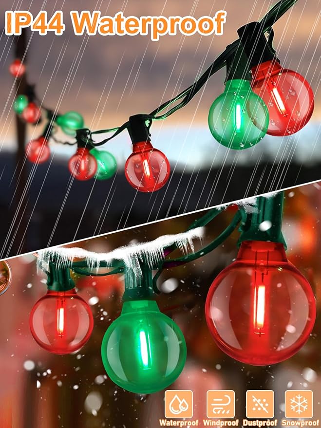 SUNSGNE 50FT Vintage Christmas Lights Outdoor, G40 LED Globe Outdoor Christmas Lights with 27 LED Clear Red Green Bulbs(2 Spare) for Patio Balcony Roofline Decor, Green Wire