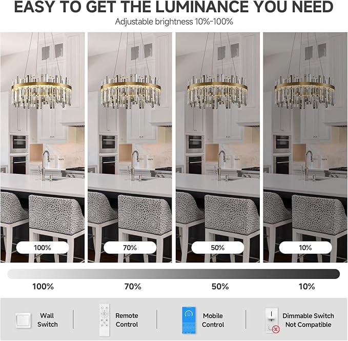 Gold Led Modern Crystal Chandelier: 23.6" Round K9 Luxury Smoke Grey & Clear Crystals 3 Color Dimmable Contemporary Chandeliers for Dining Room Lights - Adjustable Height Living Room Light with Remote