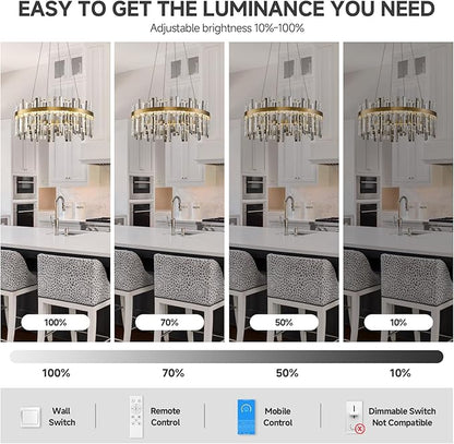 Gold Led Modern Crystal Chandelier: 23.6" Round K9 Luxury Smoke Grey & Clear Crystals 3 Color Dimmable Contemporary Chandeliers for Dining Room Lights - Adjustable Height Living Room Light with Remote