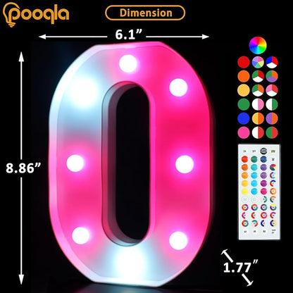 Pooqla Colorful Light Up Letters with Remote, Upgraded 35 Colors LED Marquee Letters, RGB Lighted Letter for Girls Teenager Gift, Birthday, Party, Wedding, Night Light, Room, Bedroom Decor, Letter O