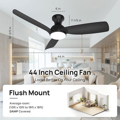 Consciot Ceiling Fan With Light, 44 Inch Low Profile Ceiling Fan with remote control, 6-speed choice, Reversible DC motor, 3CCT, Dimmable, Whisper, Easy Install, For Indoor and Covered Outdoor (black)