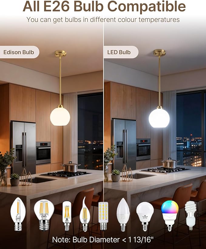 Majade Globe Pendant Lights Kitchen Island Pendant Light Fixtures 7.4 Inch Gold Mid Century Modern Brushed Brass Pendant Lighting with Milk Glass Adjustable Hanging Light Fixtures for Dining Room