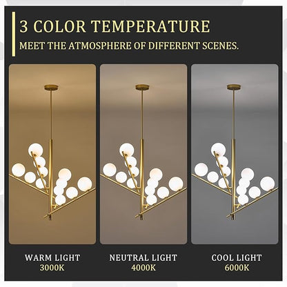 CATINER 12 Lights Gold Sputnik Chandeliers L36”Mid Century Ceiling Pendant Lighting with Milk Glass Globe Shades Modern Chandelier for High Ceiling Foyer Living Room Dining Room