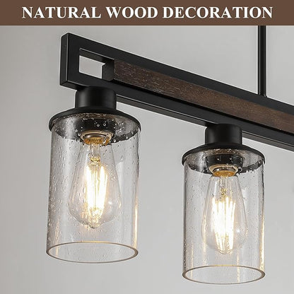 Farmhouse Dining Room Light Fixture, 5-Light Wood Kitchen Island Lighting for Dining Room Over Table, Black Adjustable Pendant Light with Seeded Glass Shades, Linear Chandeliers Lighting for Kitchen