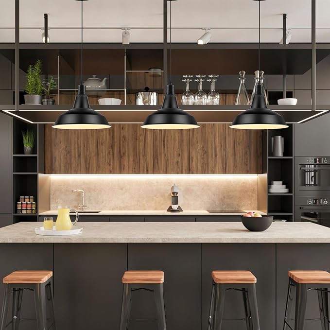 LOEHINLE Pendant Light Fixtures, Vintage Farmhouse Hanging Lighting Fixture with Metal Shade, Industrial Barn Lights for Hallway, Kitchen Island, Sink, Dining Room, Living Room, Black, 12.2in