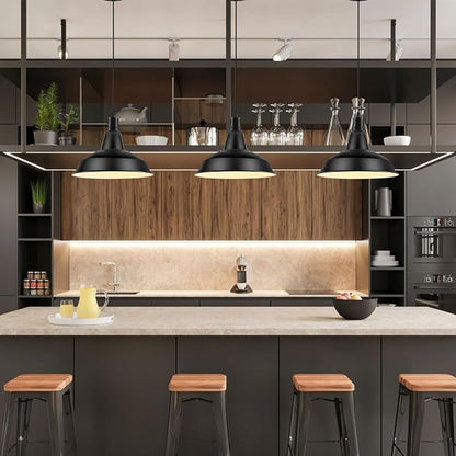 LOEHINLE Pendant Light Fixtures, Vintage Farmhouse Hanging Lighting Fixture with Metal Shade, Industrial Barn Lights for Hallway, Kitchen Island, Sink, Dining Room, Living Room, Black, 12.2in