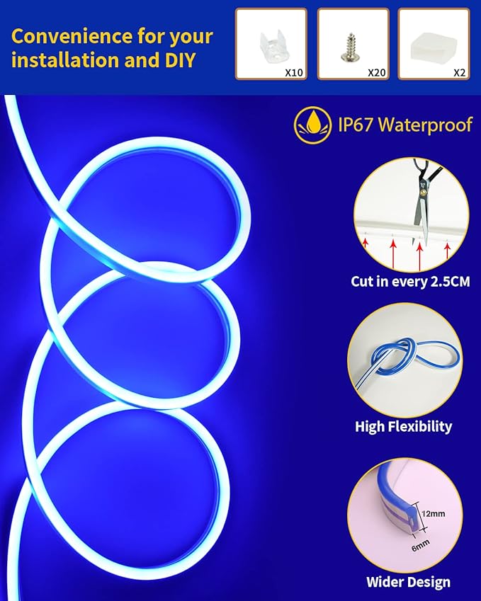 DUOFU365 Blue Neon LED Strip Light, DC 12V 600 SMD2835 LED Neon Rope Lights,Upgraded 16.4ft/5m Led Light Strips Flexible Waterproof for Indoor/Outdoors Home Decoration/DIY(No Power Adapter)