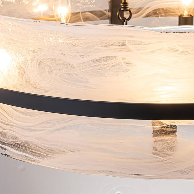 28" Glass Chandelier for Dining Room Large 8-Light Modern Black Drum Chandelier Light Fixture Over Table with Cloudy Glass Shades Hanging Pendant Light for High Ceiling Living Room Foyer