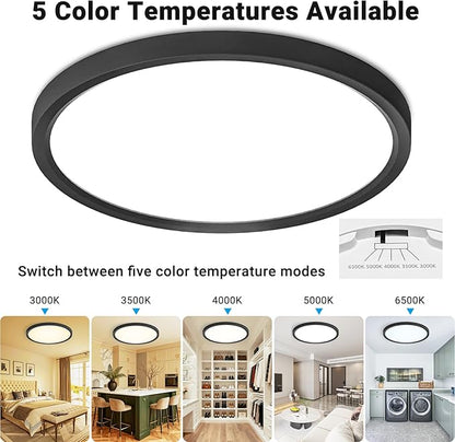 2 Pack LED Flush Mount Ceiling Light,15Inch 30W,3000K/3500K/4000K/5000K/6500K 5 Color Temperatures Ceiling Light Fixture for Kitchen Porch Hallway Bedroom Bathroom and Closet,Black
