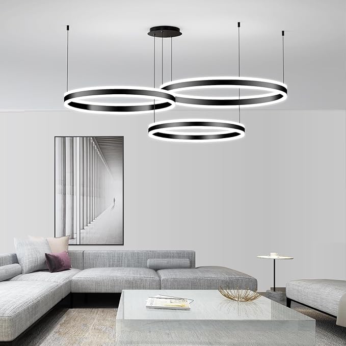 Mikeru Modern 3 Ring Chandelier Light, LED Pendant Light Fixtures with Remote Control 3000k-6500K Adjustable Color Temperature Light for Living Room, Bedroom, Kitchen（15.7+23.6+31.5IN）