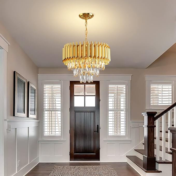 Gold Crystal Chandelier 3-Tier Dining Room Chandelier Light fixtures Modern Chandeliers for Dining Room Small Pendant Light Fixture for Living Room Foyer Kitchen Island Entryway Round 5 Light W15.7”