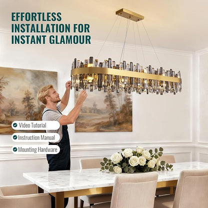 Siljoy Gold Crystal Chandelier for Dining Room, Large Modern 2-Tiers K9 Crystal Raindrop Chandelier, 20 Lights Luxury Adjustable Hanging Ceiling Light for Living Room Kitchen Island Bar L52''