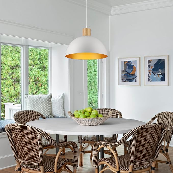 2 Pack Large White Pendant Light, 16 Inch Wood Dome Pendant Lights Fixtures Adjustable Modern Ceiling Hanging Lighting, for Kitchen Island Dining Room Farmhouse Restaurant