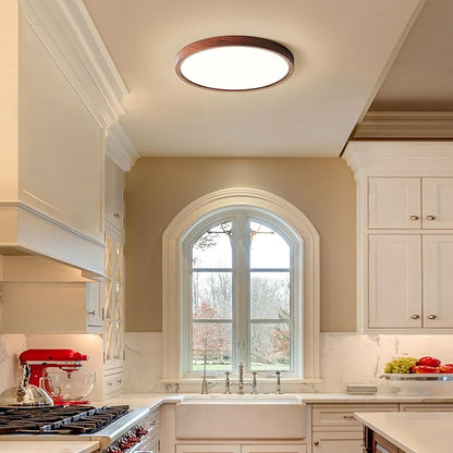 HEYAN Walnut Wood Flush Mount Ceiling Light Fixture,16 Inch Dimmable LED Ceiling Light with 3000K-4000K-6000K Selectable Flat Low Profile Round Ceiling Lights for Bedroom Hallway Laundry (2 Pack)