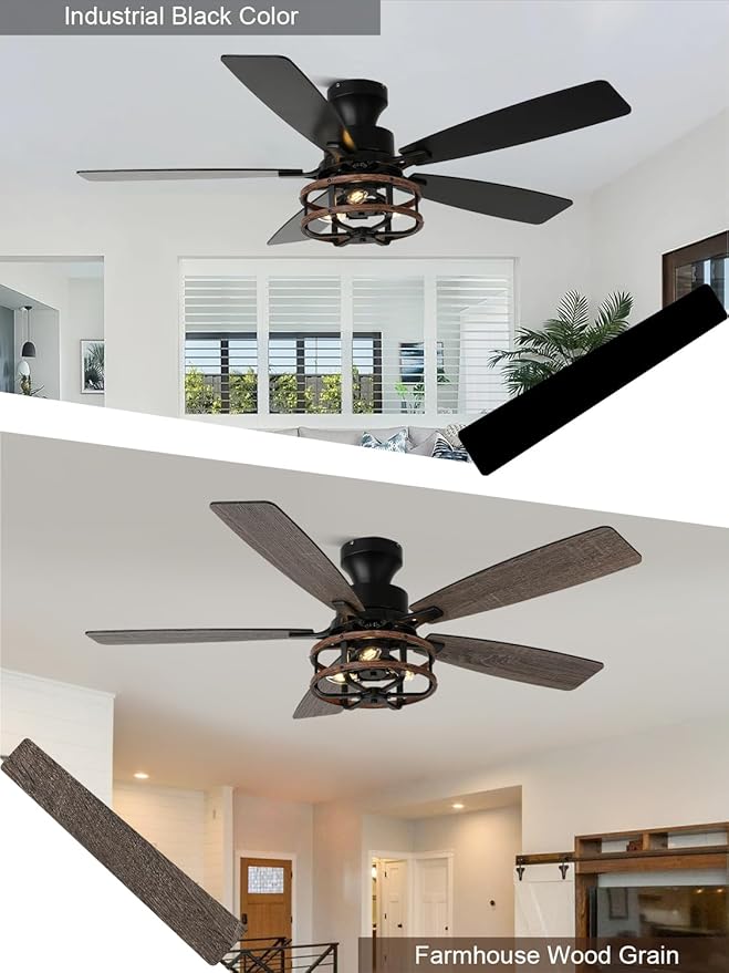 52" Farmhouse Rustic Ceiling Fan with Lights and Remote, Flush Mount Ceiling Fan Low Profile Caged Fandelier Chandelier, 5 Dual Blades Reversible DC Motor 6 Speeds for Bedroom Living Room